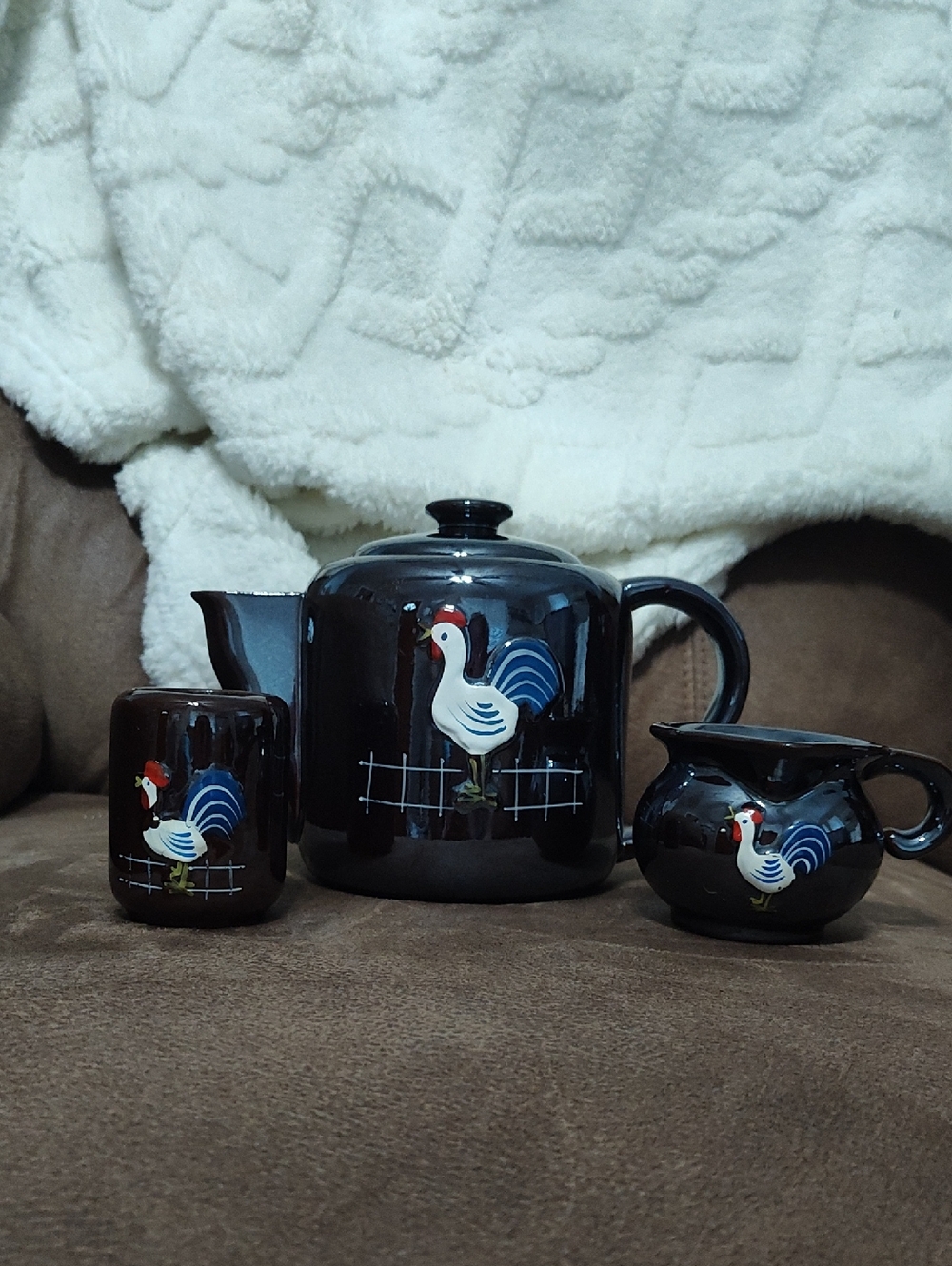 1950s Rooster Terracottaware Tea Set 3 Piece Table Set Teapot Creamer Sugar Bowl